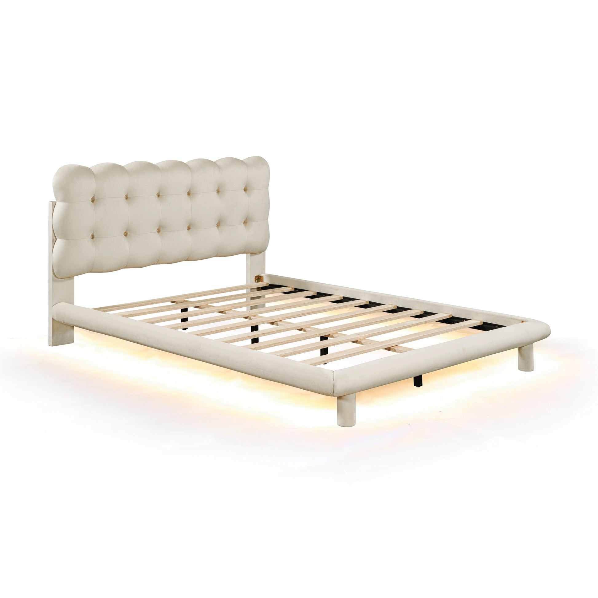 Full Size Velvet Platform Bed With Led Frame, Thick & Soft Fabric And Button Tufted Design Headboard, Beige Beige Velvet