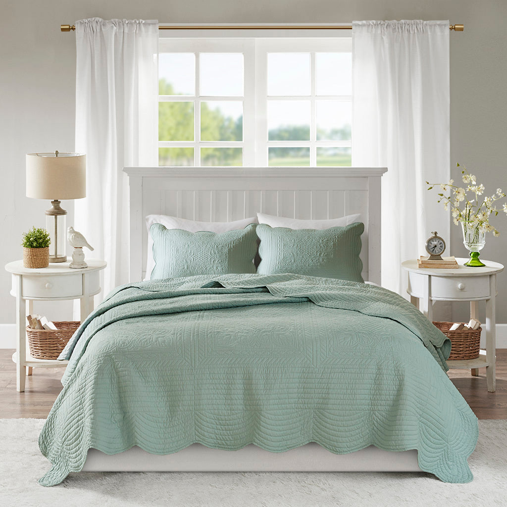 3 Piece Reversible Soped Edge Quilt Set Seafoam Microfiber