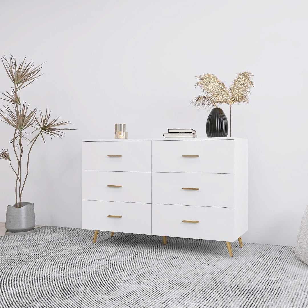 High Glossy Surface 6 Drawers Chest Of Drawer With Golden Handle And Golden Steel Legs White Color Vanity White Bedroom Modern Engineered Wood