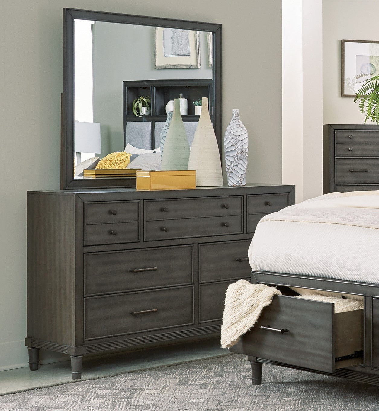 Transitional Style Gray Finish 1Pc Dresser Of 7 Drawers Dark Bronze Handles Wooden Bedroom Furniture Gray Bedroom Transitional Wood