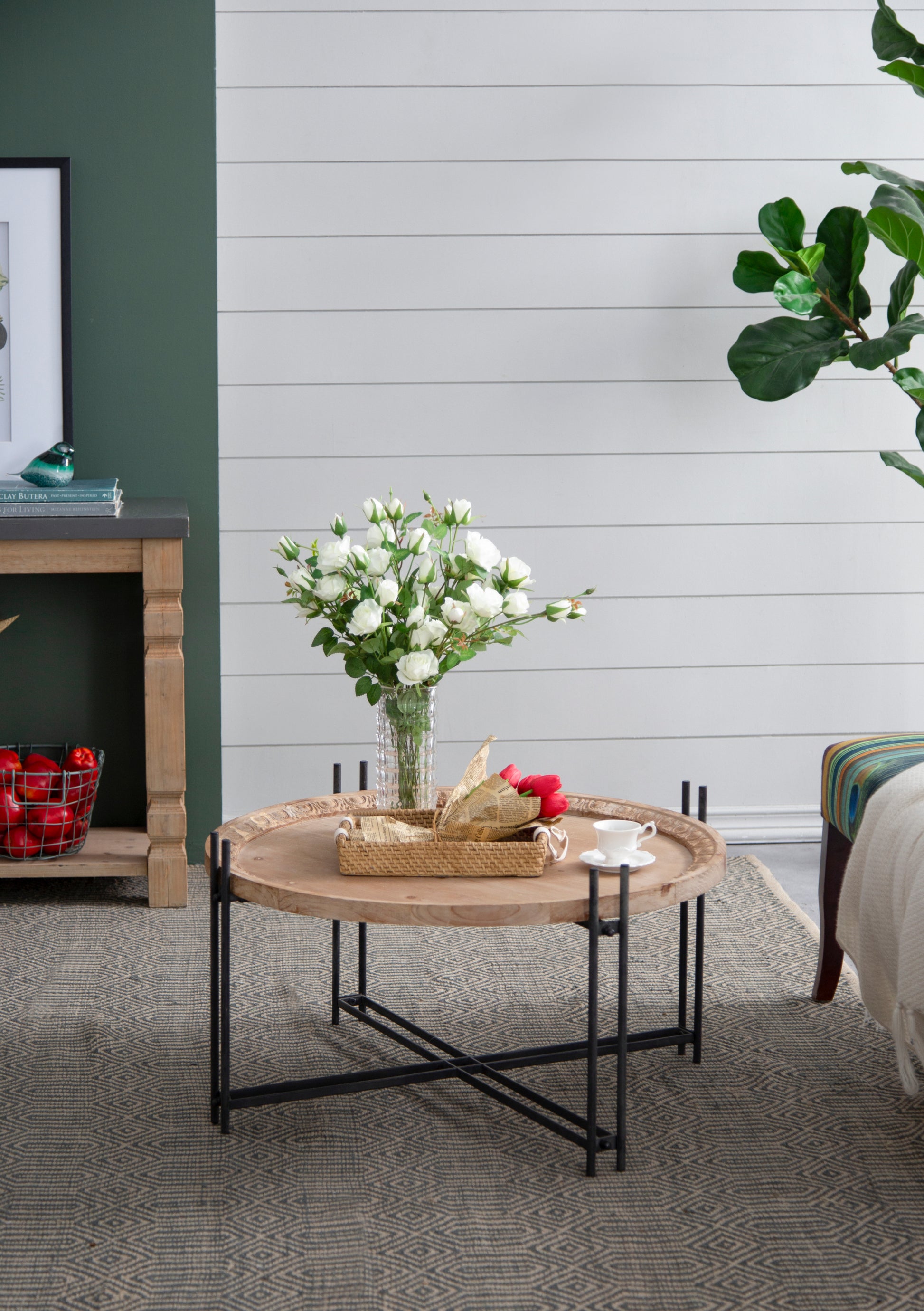 D32" X 18" Farmhouse Round Wooden Round Coffee Table With Metal Legs Black Brown Wood Metal