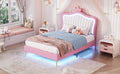 Twin Size Upholstered Bed Frame With Led Lights, Modern Upholstered Princess Bed With Crown Headboard,White Pink Twin White Pink Pu