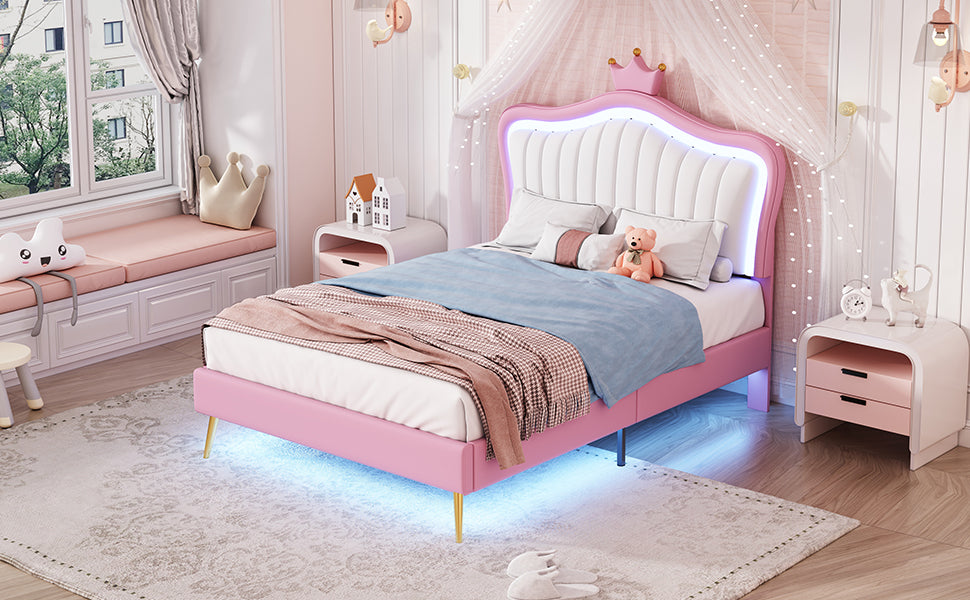 Twin Size Upholstered Bed Frame With Led Lights, Modern Upholstered Princess Bed With Crown Headboard,White Pink Twin White Pink Pu