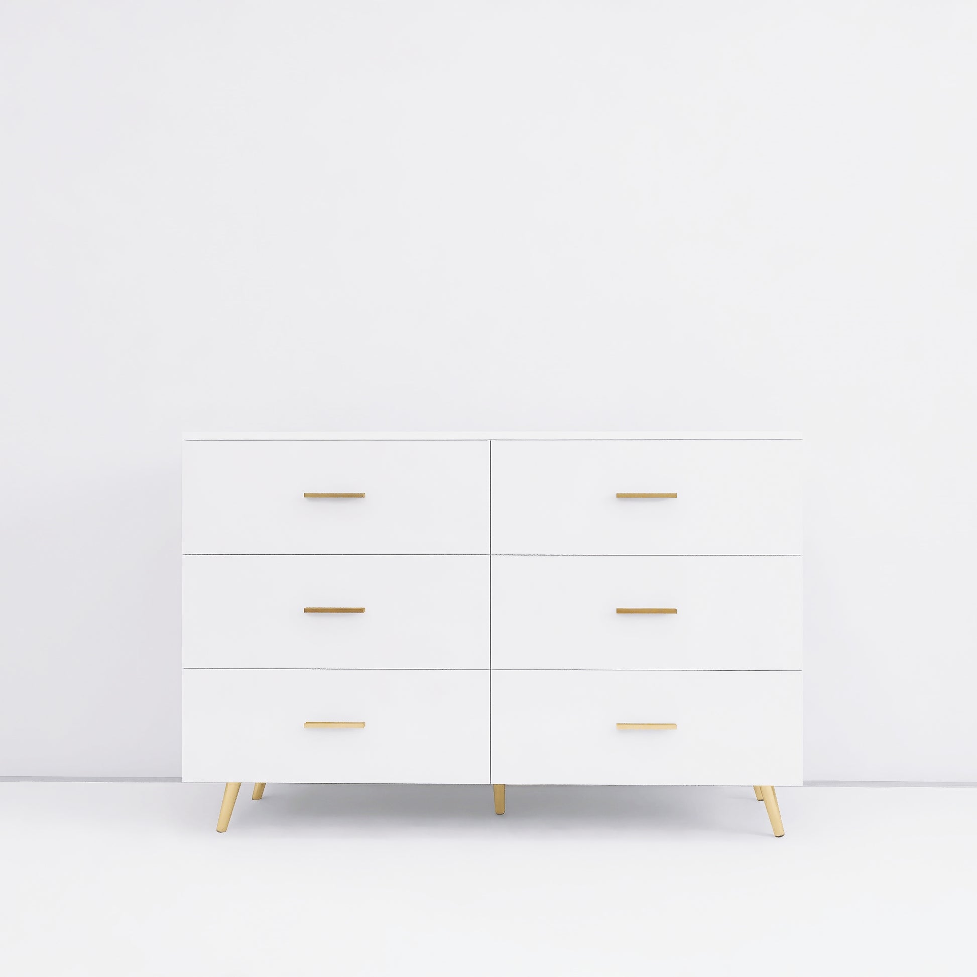 High Glossy Surface 6 Drawers Chest Of Drawer With Golden Handle And Golden Steel Legs White Color Vanity White Bedroom Modern Engineered Wood