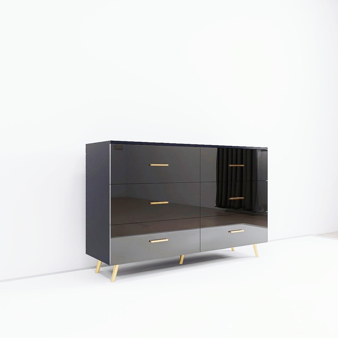 High Glossy Surface 6 Drawers Chest Of Drawer With Golden Handle And Golden Steel Legs Black Color Vanity Black White Bedroom Modern Poplar Melamine Engineered Wood