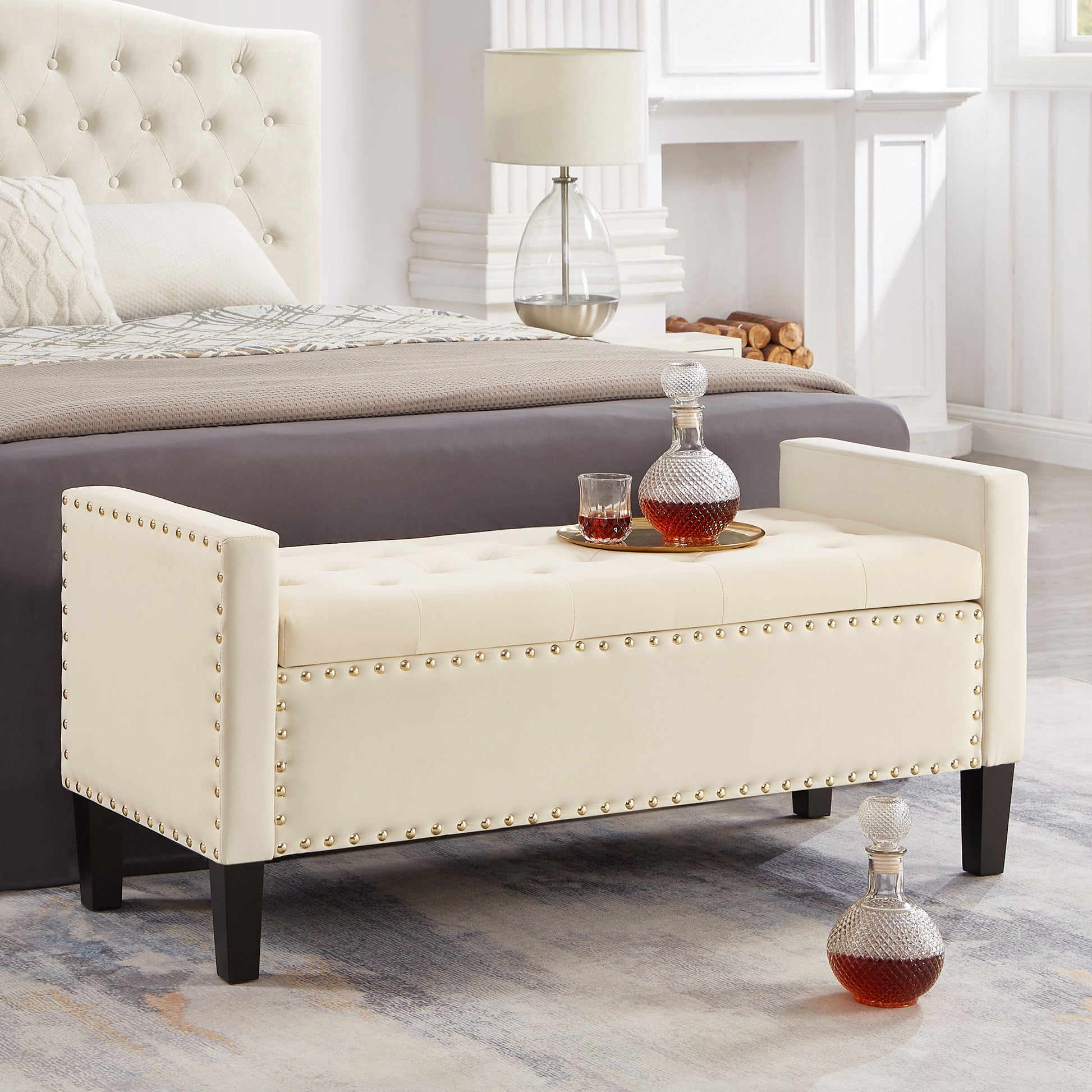 Upholstered Tufted Button Storage Bench With Nails Trim,Entryway Living Room Soft Padded Seat With Armrest,Bed Bench Cream Armrest Cream Espresso Primary Living Space Velvet American Design Rubberwood Wood Internal Storage Foam Velvet