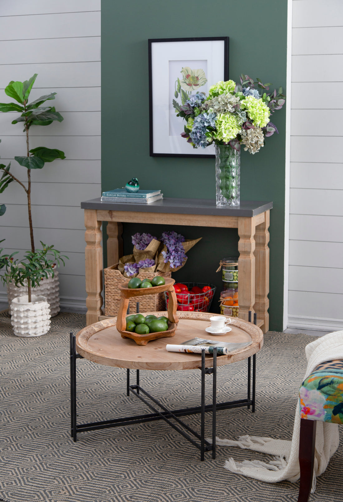 D32" X 18" Farmhouse Round Wooden Round Coffee Table With Metal Legs Black Brown Wood Metal