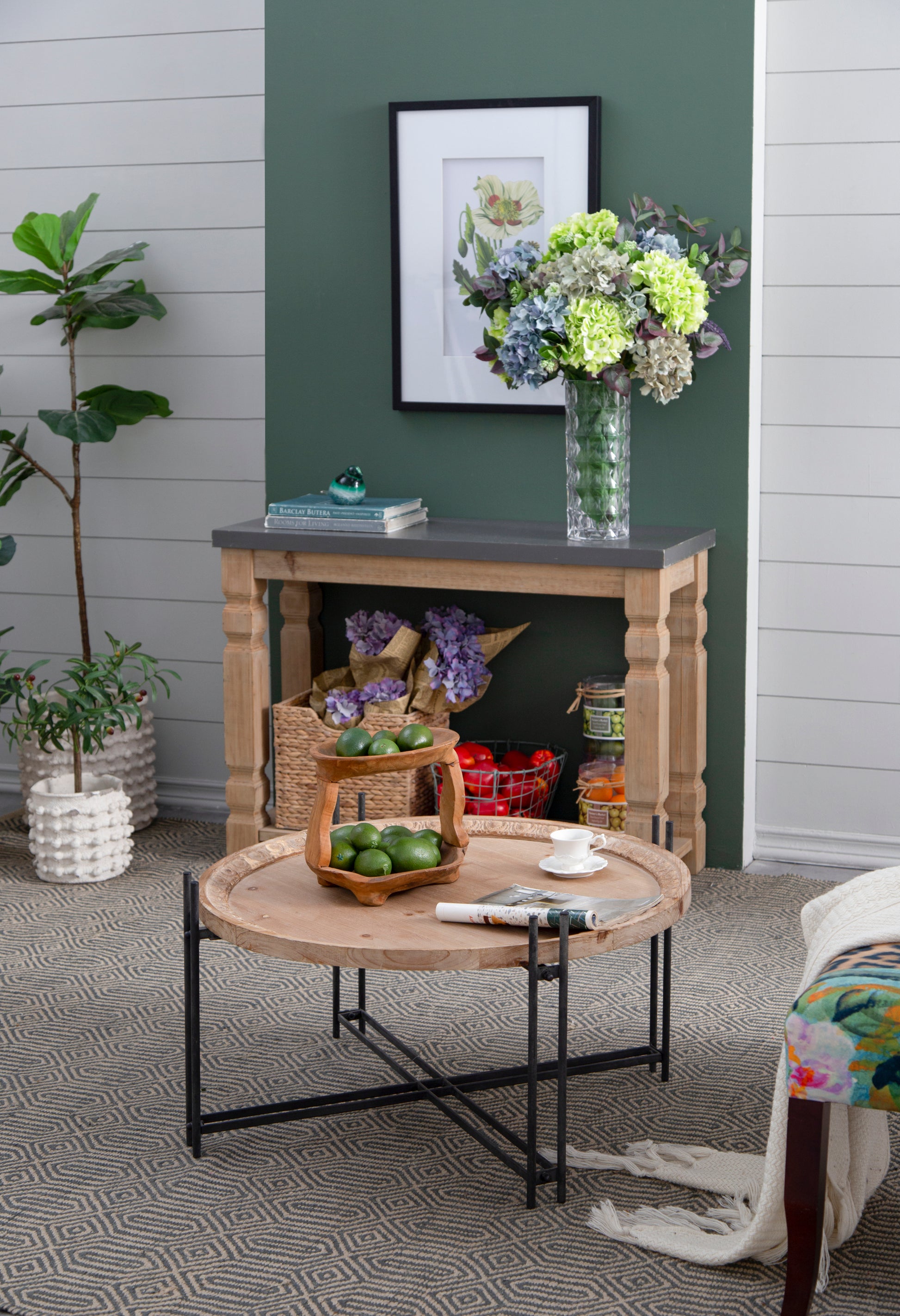 D32" X 18" Farmhouse Round Wooden Round Coffee Table With Metal Legs Black Brown Wood Metal