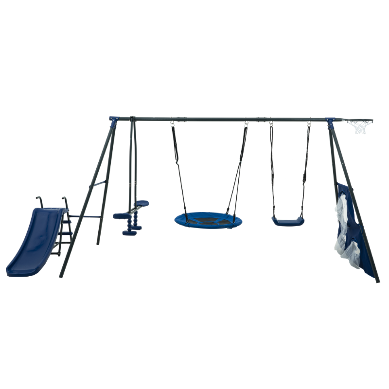 Xns052 Grey And Blue Interesting Six Function Swingset With Net Swing Metal Plastic Safe Swing Set 440Lbs For Outdoor Playground For Age 3 With 31.5In Net Swing Grey Blue Steel