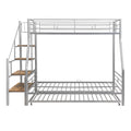 Twin Over Full Size Metal Bunk Bed With Trundle And Storage Staircase, Silver Twin Silver Metal