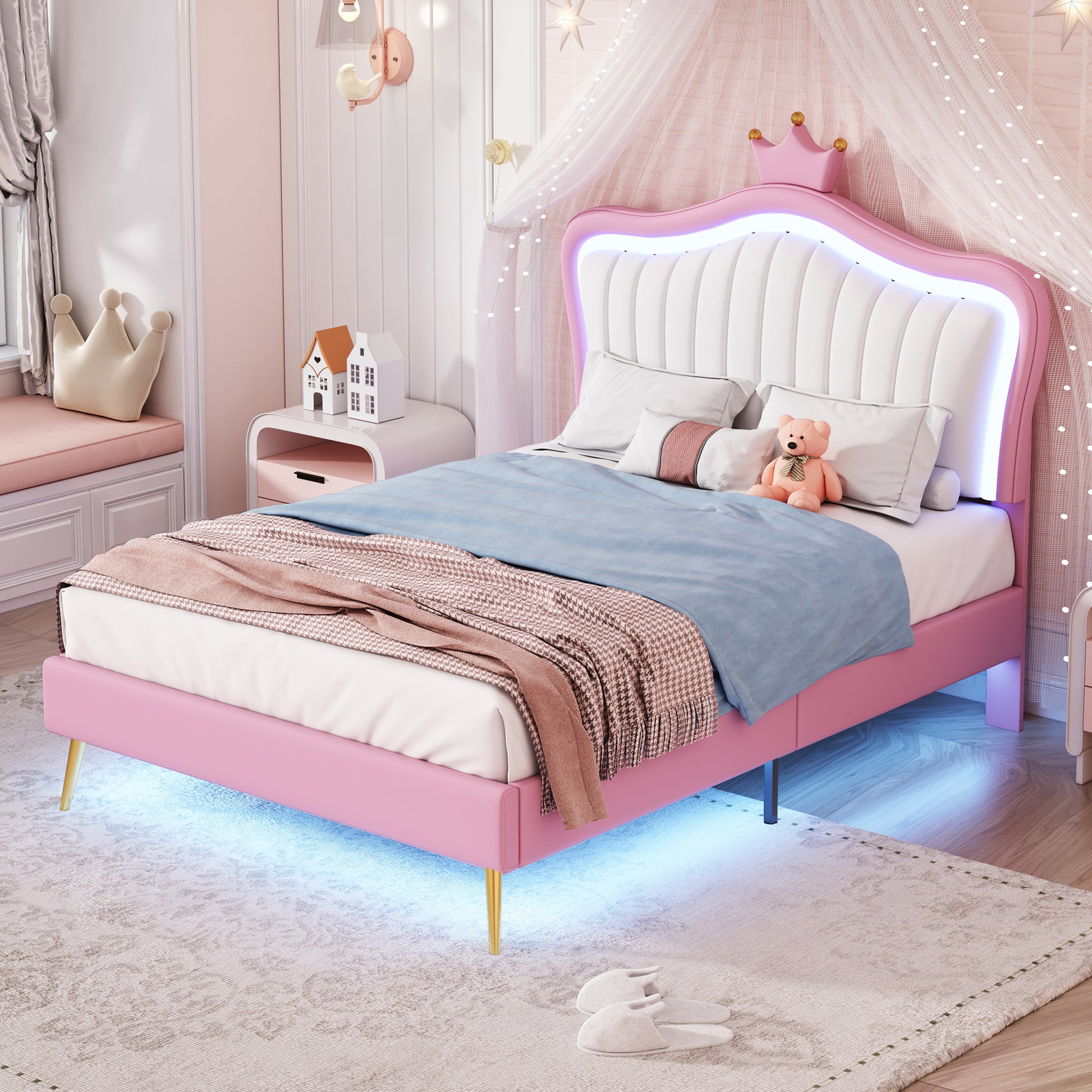 Twin Size Upholstered Bed Frame With Led Lights, Modern Upholstered Princess Bed With Crown Headboard,White Pink Twin White Pink Pu