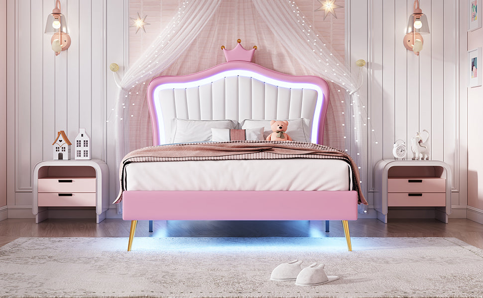 Twin Size Upholstered Bed Frame With Led Lights, Modern Upholstered Princess Bed With Crown Headboard,White Pink Twin White Pink Pu