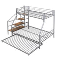 Twin Over Full Size Metal Bunk Bed With Trundle And Storage Staircase, Silver Twin Silver Metal