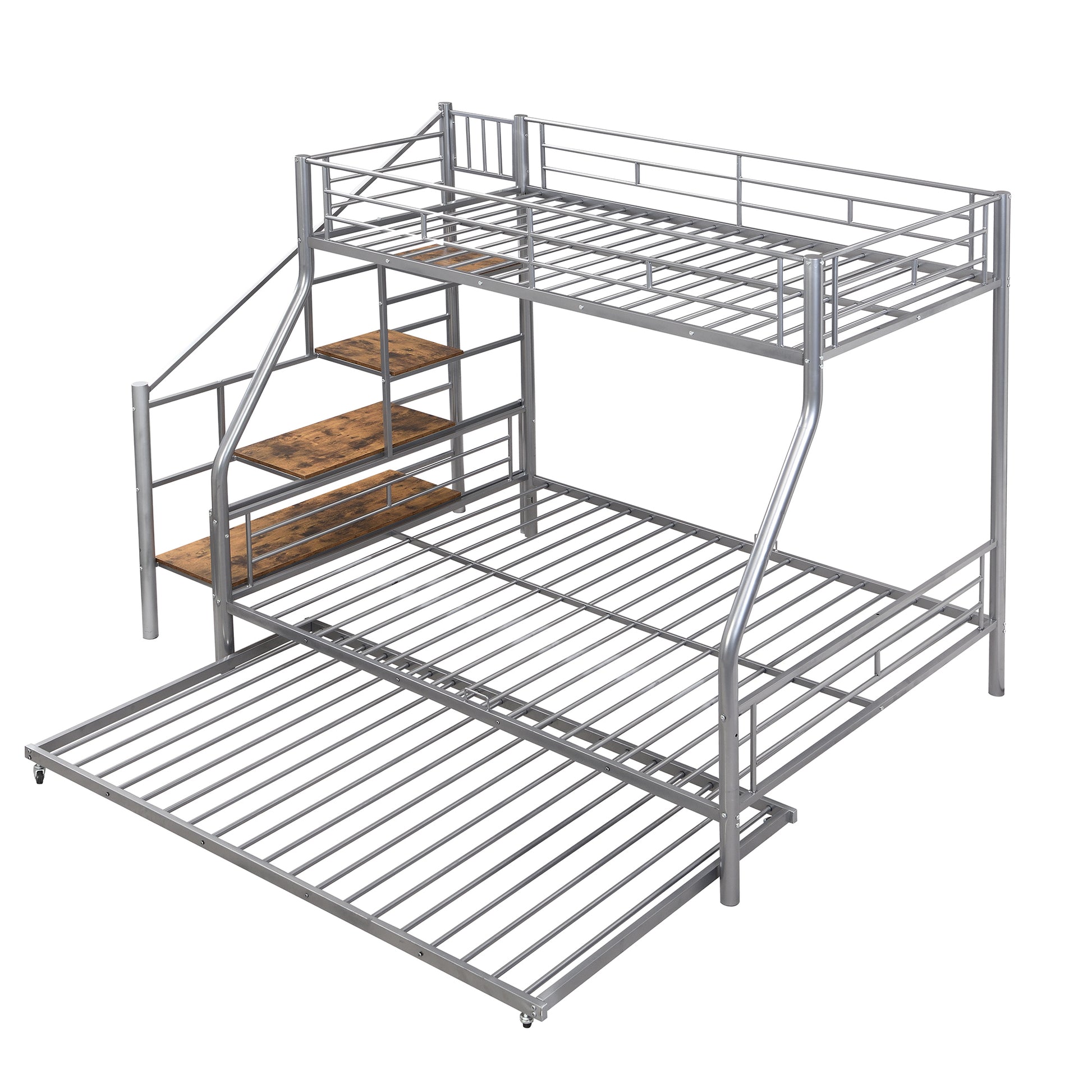 Twin Over Full Size Metal Bunk Bed With Trundle And Storage Staircase, Silver Twin Silver Metal