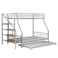 Twin Over Full Size Metal Bunk Bed With Trundle And Storage Staircase, Silver Twin Silver Metal