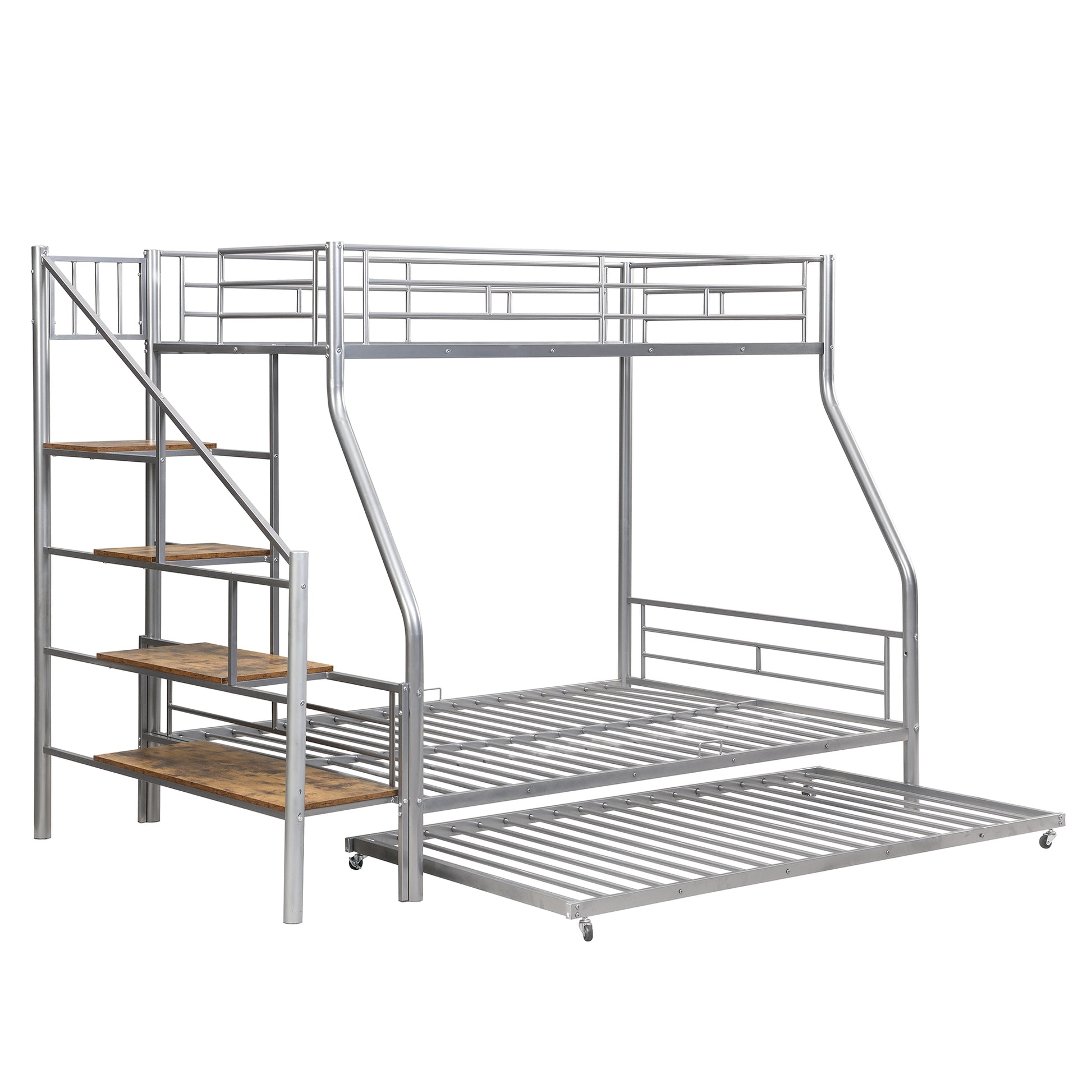 Twin Over Full Size Metal Bunk Bed With Trundle And Storage Staircase, Silver Twin Silver Metal