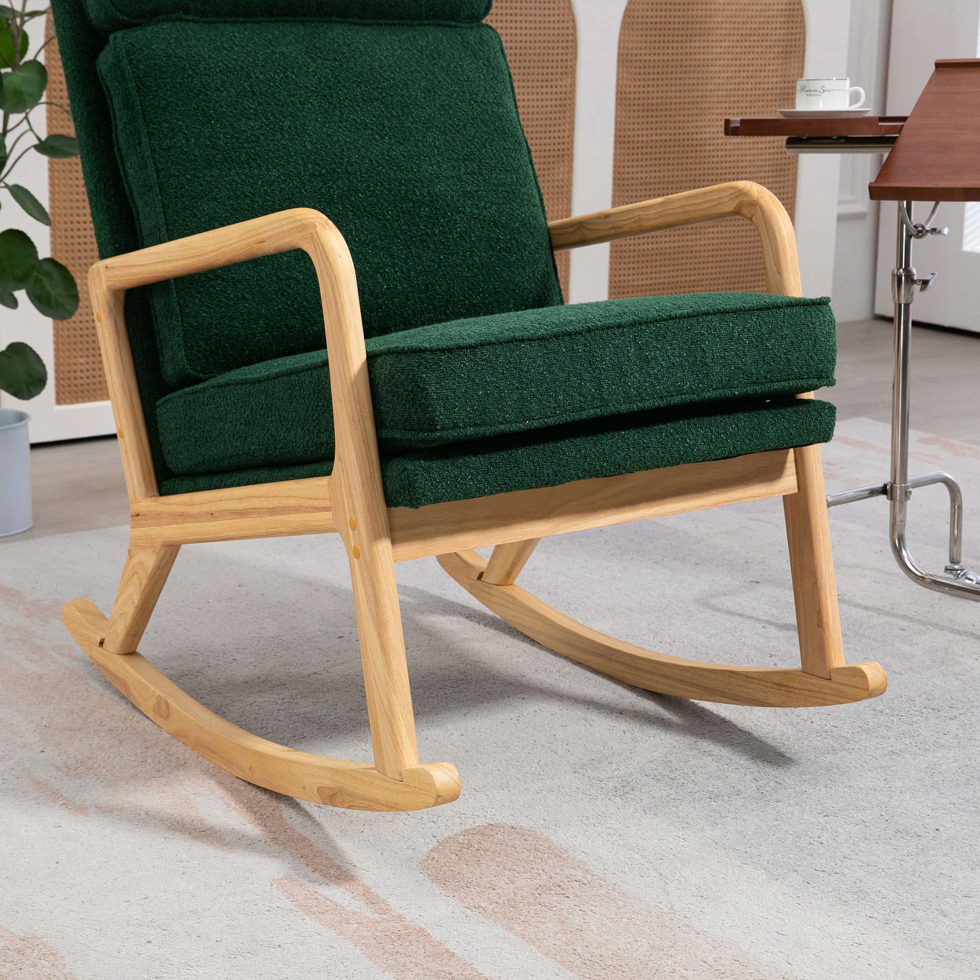 25.2"W Modern Rocking Chair Accent Lounge Armchair Comfy Boucle Upholstered High Back Wooden Rocker For Nursery Living Room Baby Kids Room Bedroom, Green Green Boucle