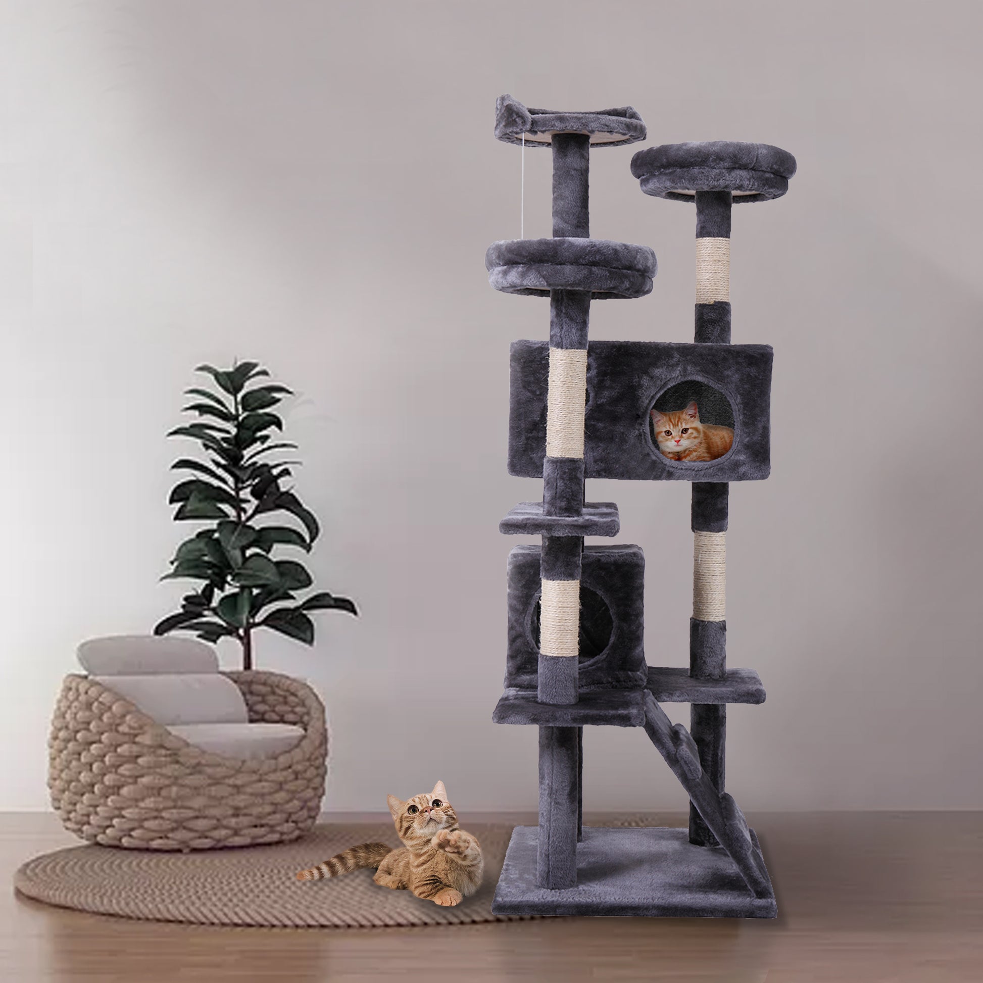 Cat Tree Cat Tower With Scratching Ball, Plush Cushion, Ladder And Condos For Indoor Cats, Gray Gray Wood Fabric