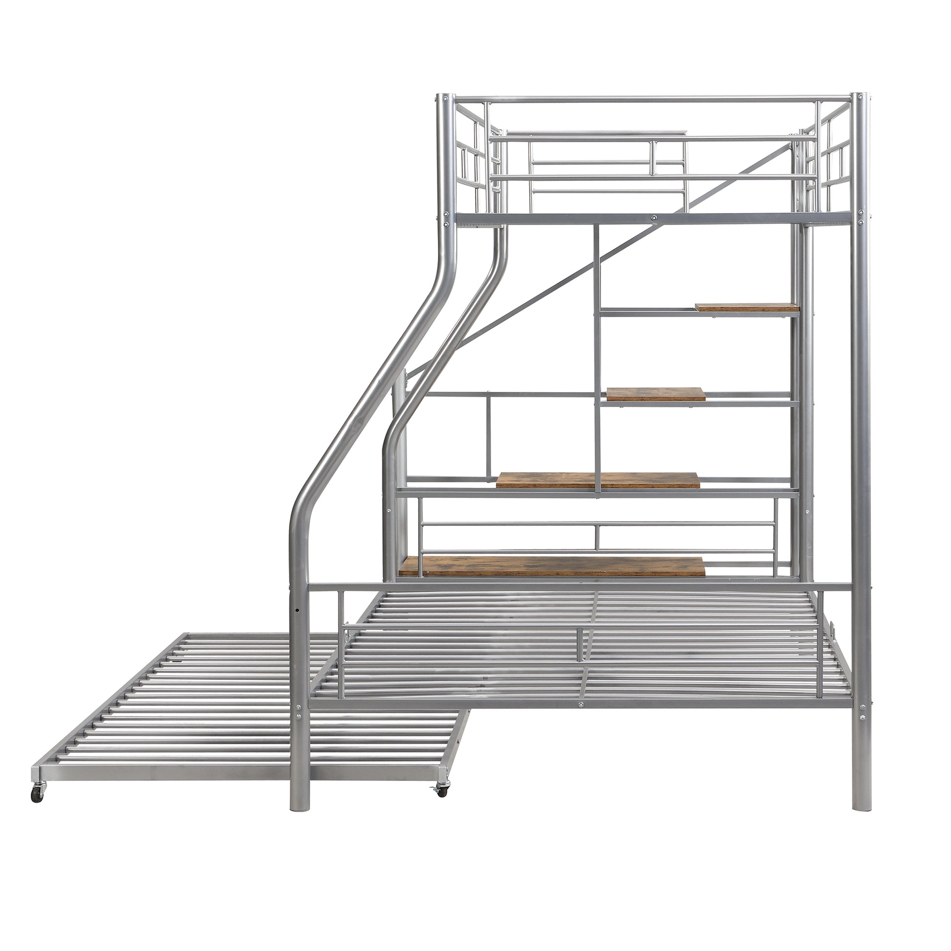 Twin Over Full Size Metal Bunk Bed With Trundle And Storage Staircase, Silver Twin Silver Metal