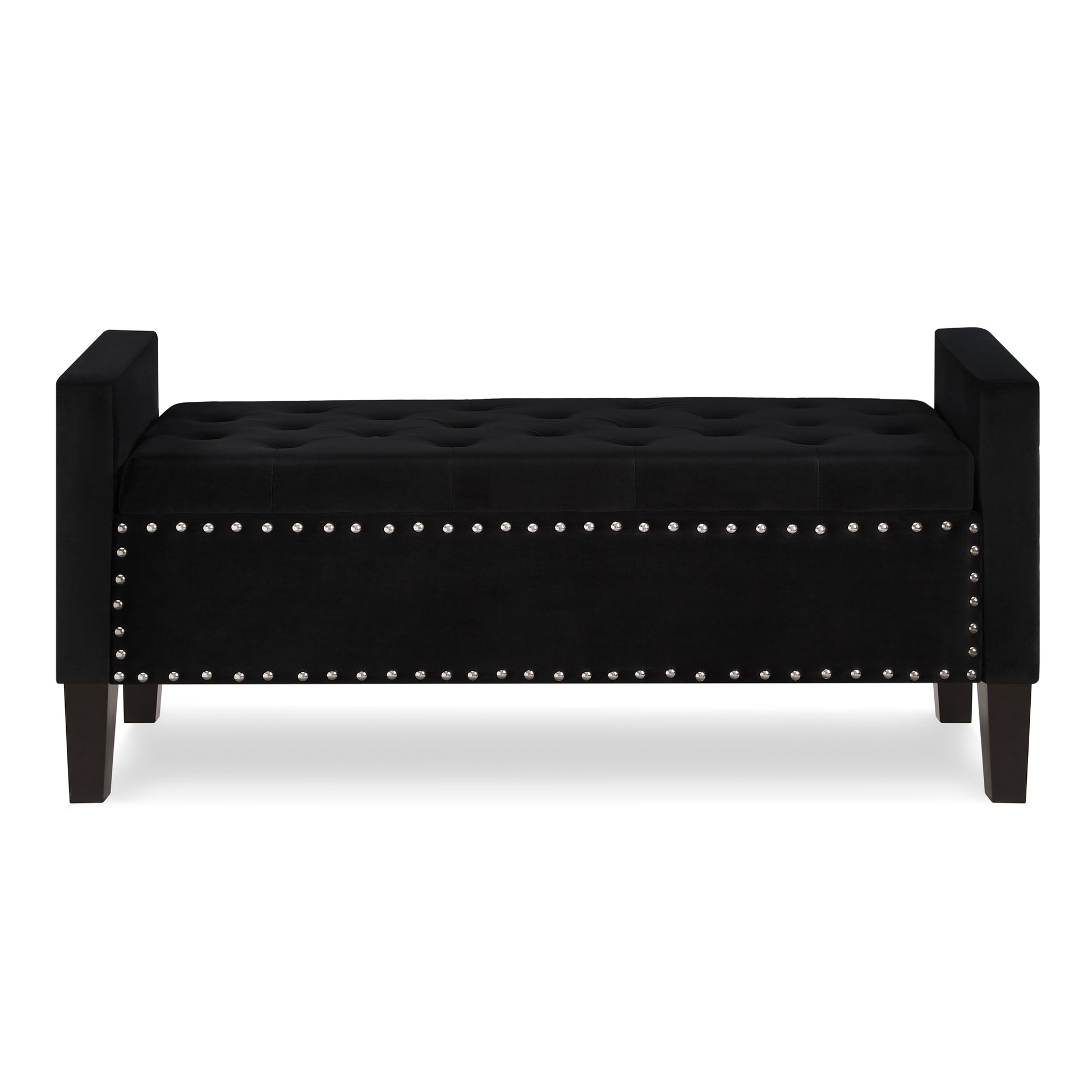 Upholstered Tufted Button Storage Bench With Nails Trim,Entryway Living Room Soft Padded Seat With Armrest,Bed Bench Black Nailheads Black Espresso Velvet Primary Living Space Black American Design Rubberwood Wood Internal Storage Foam Velvet