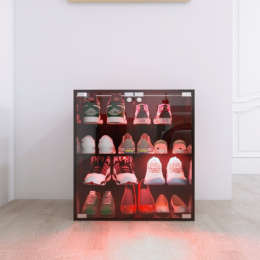 4 Layers Black Shoe Cabinet With Glass Door And Glass Layer Shoes Display Cabinet With Led Light Bluetooth Control Standard 3 4 Spaces Black Primary Living Space Adjustable Shelves Modern Mdf Glass