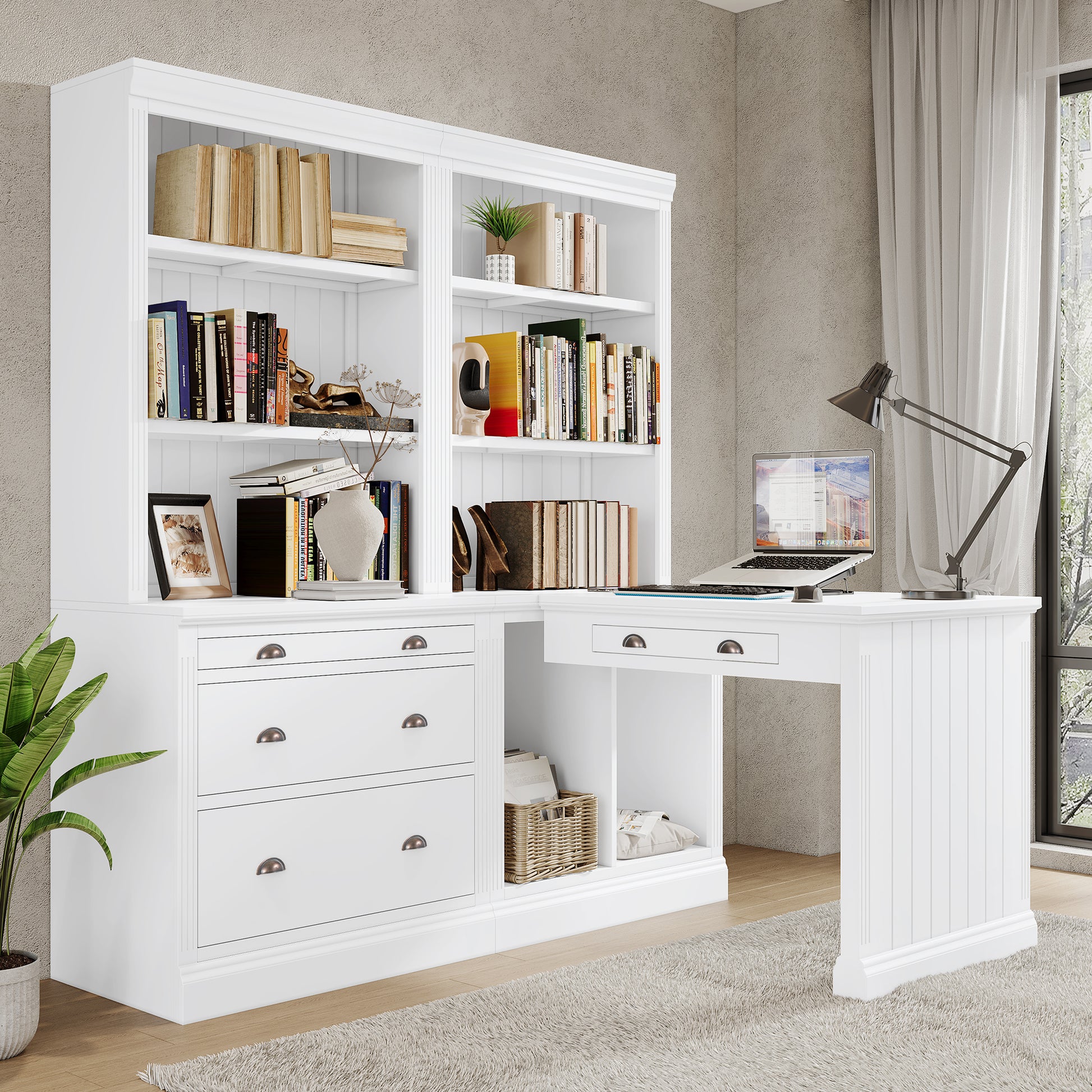 83.4"Tall Bookshelf &Writting Desk Suite,Modern Bookcase Suite With Led Lighting, Drawers,Study Desk And Open Shelves,2 Piece Set Storage Bookshelf For Living Room,Home Office,Study Room,White White Solid Wood Mdf