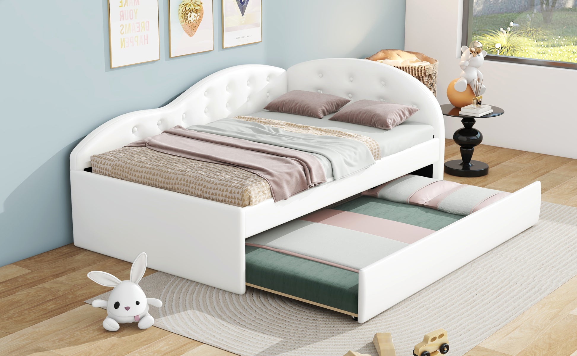 Twin Size Pu Upholstered Tufted Daybed With Trundle And Cloud Shaped Guardrail, White Box Spring Not Required Twin White Wood Faux Leather Upholstered