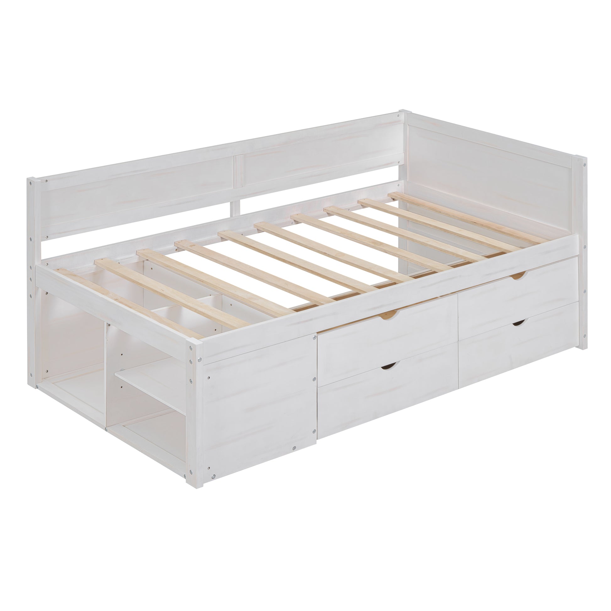 Twin Size Daybed With Drawers And Shelves, White White Solid Wood