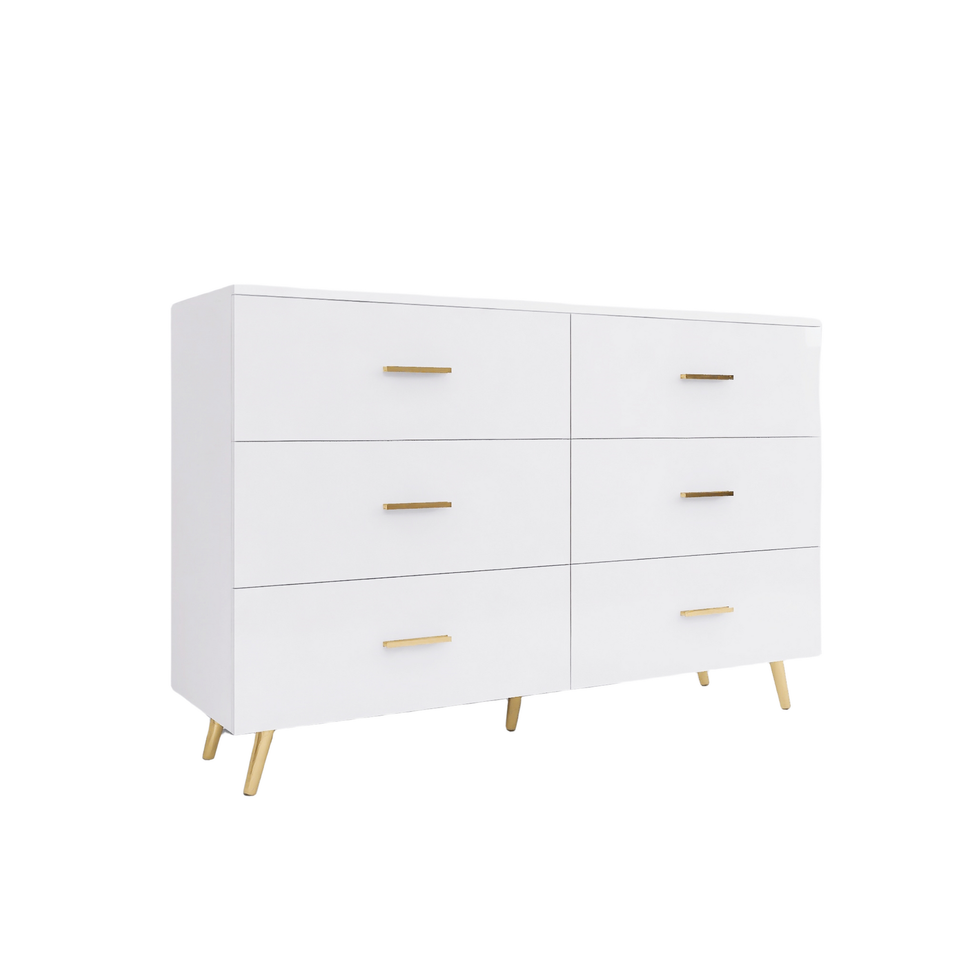 High Glossy Surface 6 Drawers Chest Of Drawer With Golden Handle And Golden Steel Legs White Color Vanity White Bedroom Modern Engineered Wood