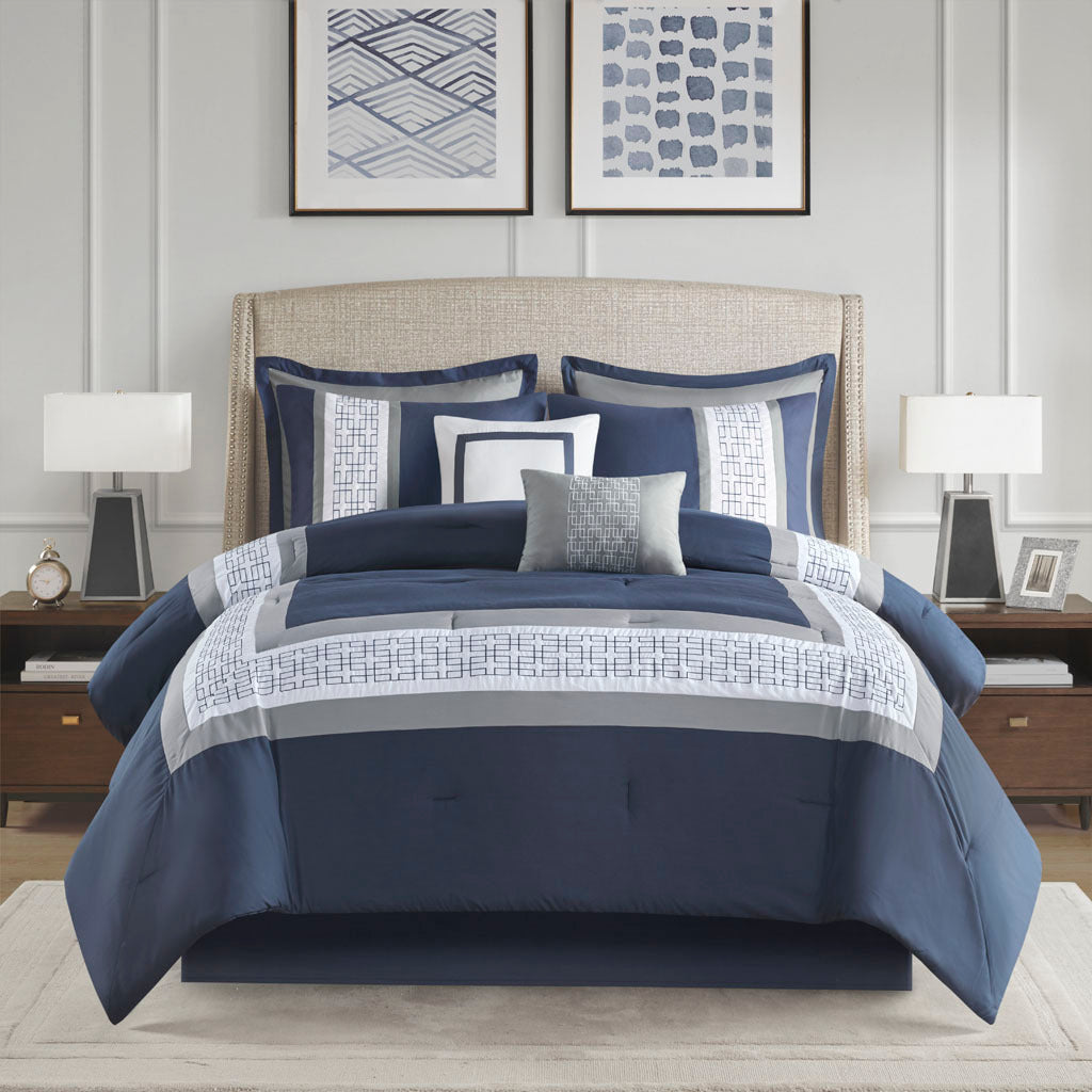 8 Piece Embroidered Comforter Set Navy Polyester