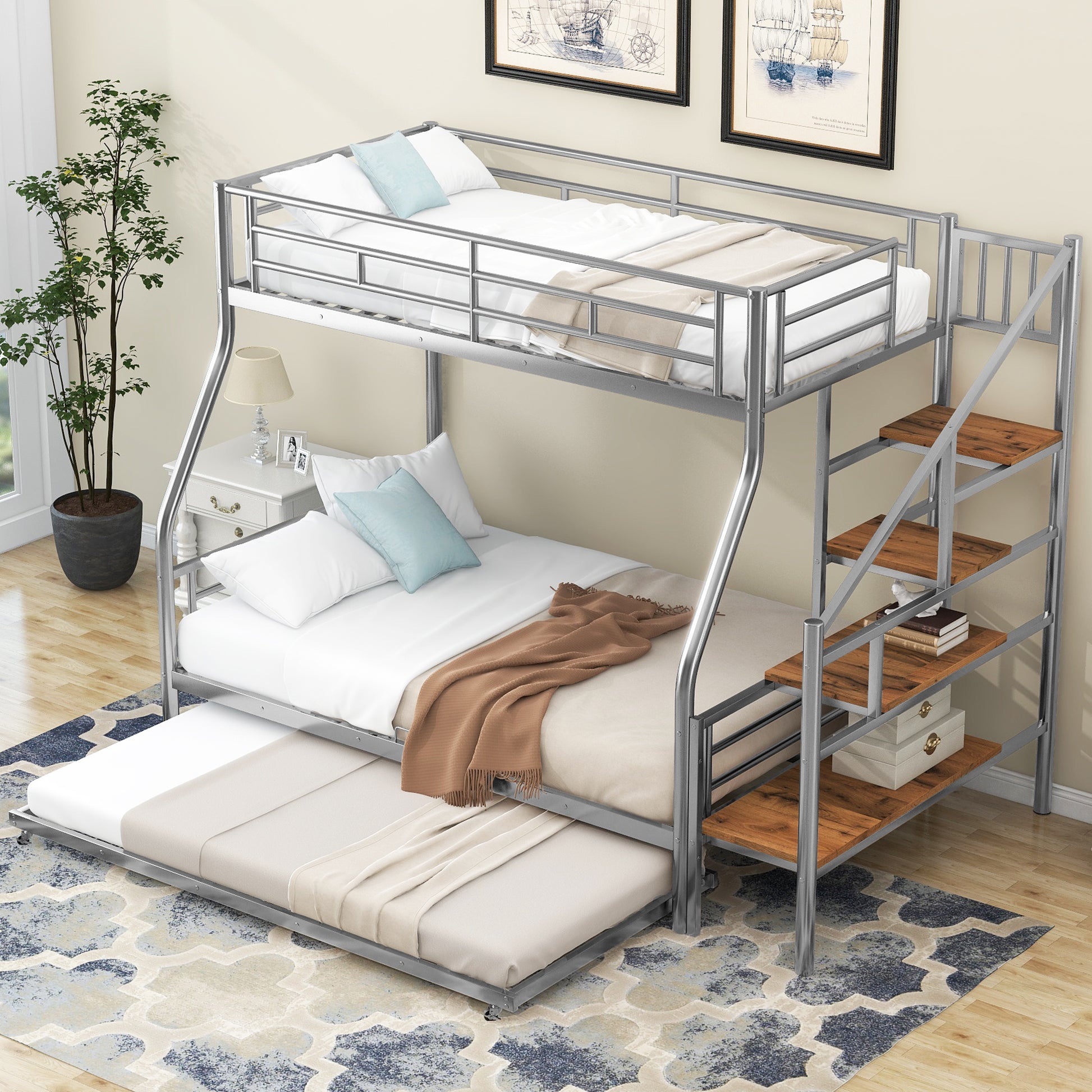 Twin Over Full Size Metal Bunk Bed With Trundle And Storage Staircase, Silver Twin Silver Metal