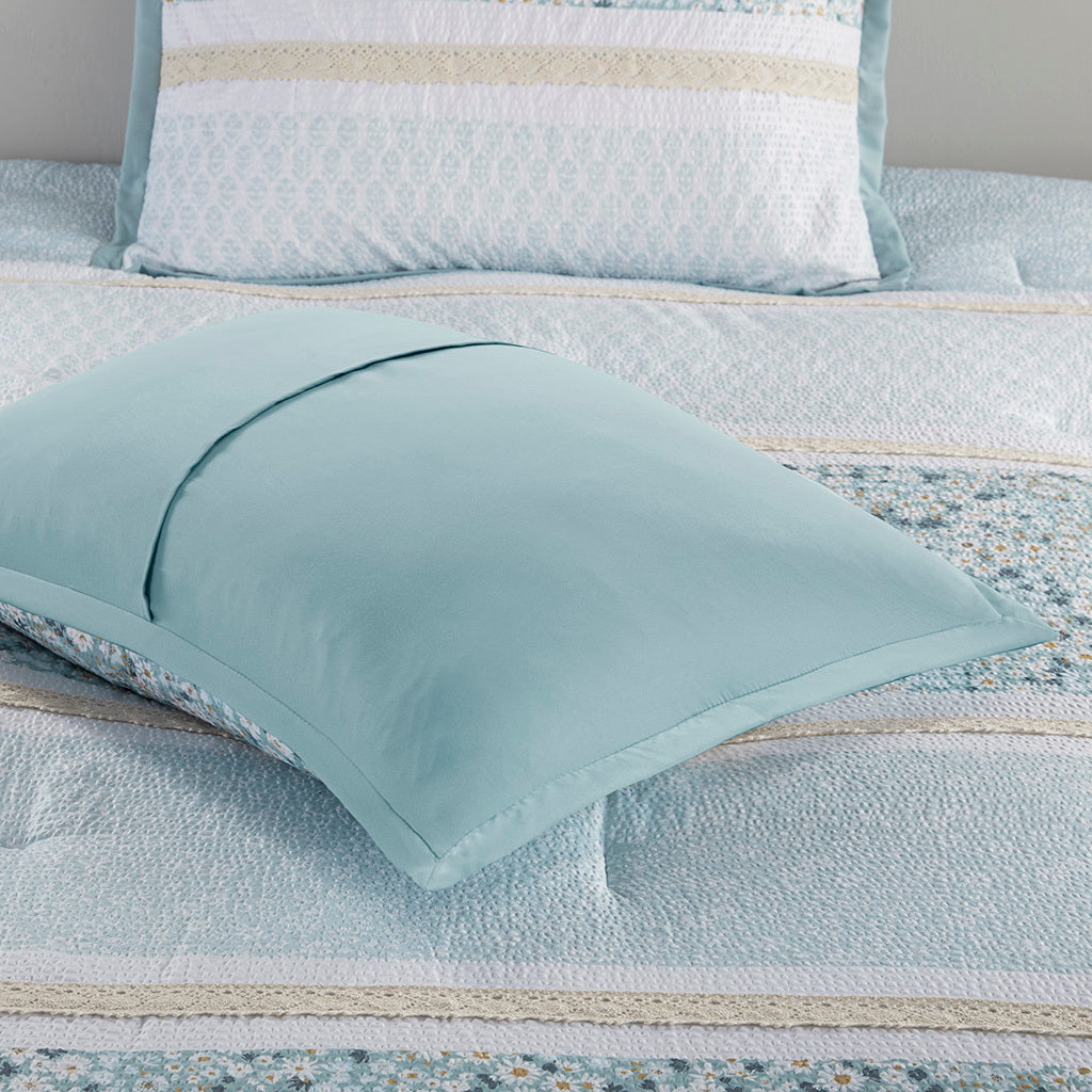 5 Piece Seersucker Comforter Set With Throw Pillows Aqua Polyester