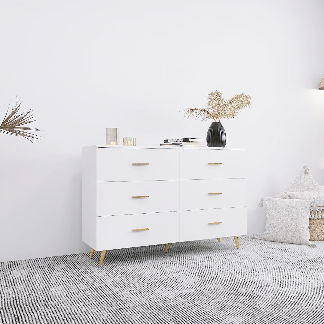 High Glossy Surface 6 Drawers Chest Of Drawer With Golden Handle And Golden Steel Legs White Color Vanity White Bedroom Modern Engineered Wood