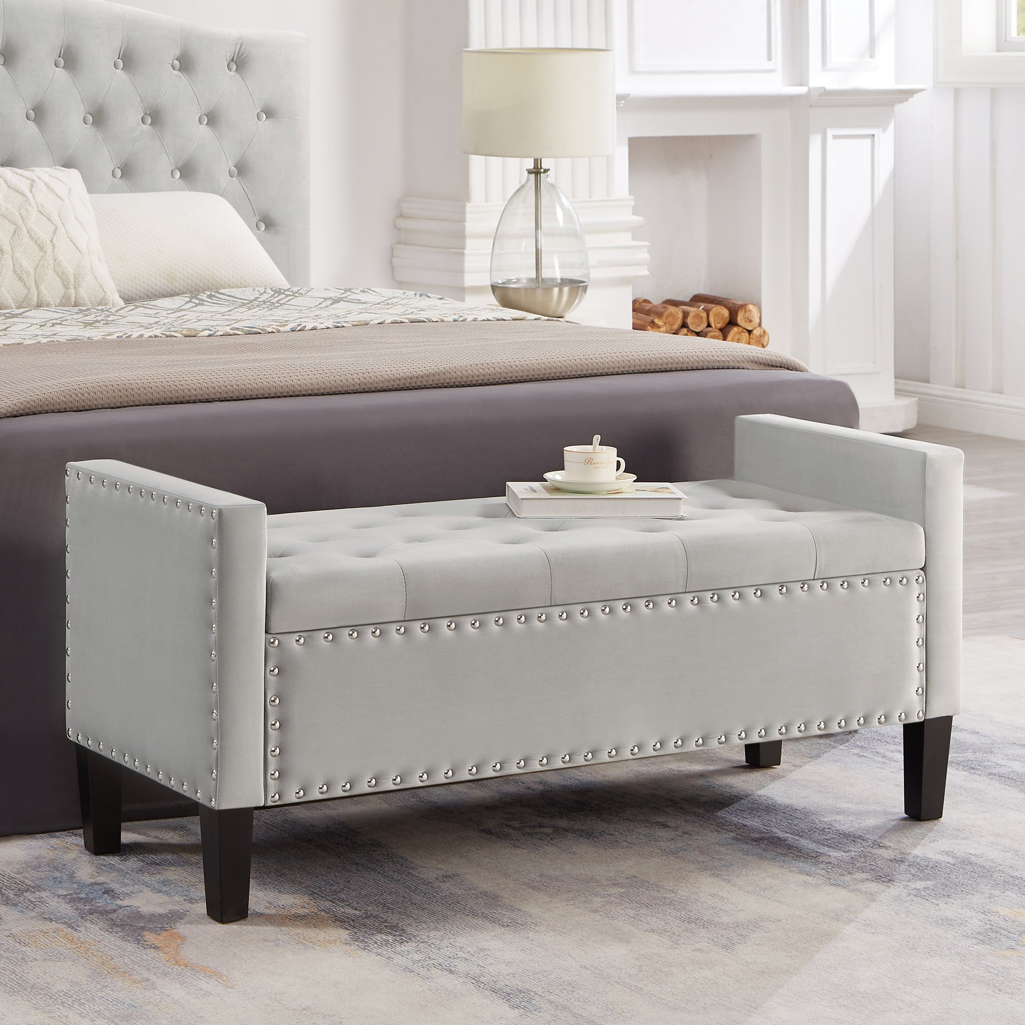 Upholstered Tufted Button Storage Bench With Nails Trim,Entryway Living Room Soft Padded Seat With Armrest,Bed Bench Gray Armrest Gray Espresso Primary Living Space Velvet Solid American Design