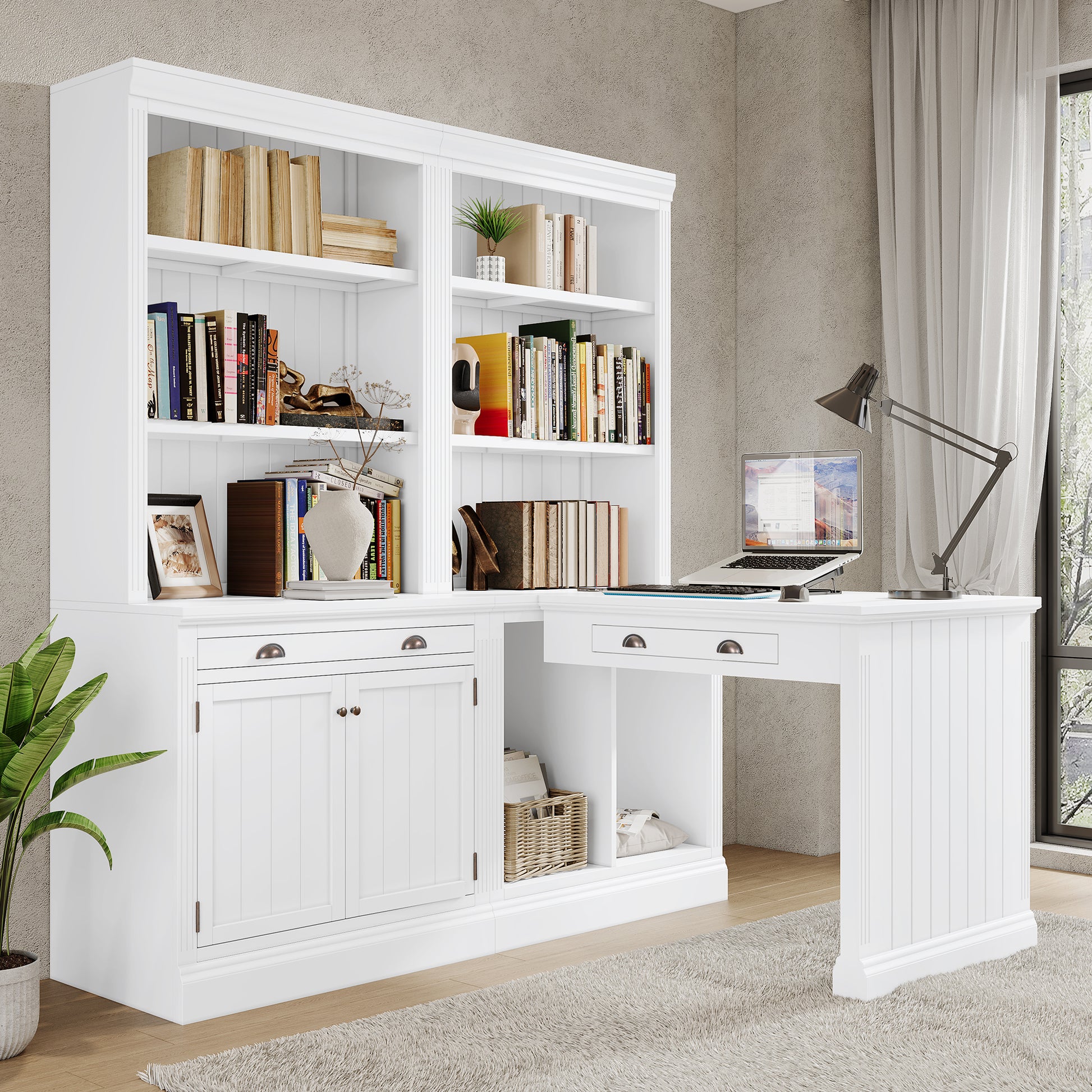 83.4"Tall Bookshelf &Writting Desk Suite,Modern Bookcase Suite With Led Lighting, Drawers,Doors,Study Desk And Open Shelves,2 Piece Set For Living Room,Home Office,Study Room,White White Solid Wood Mdf