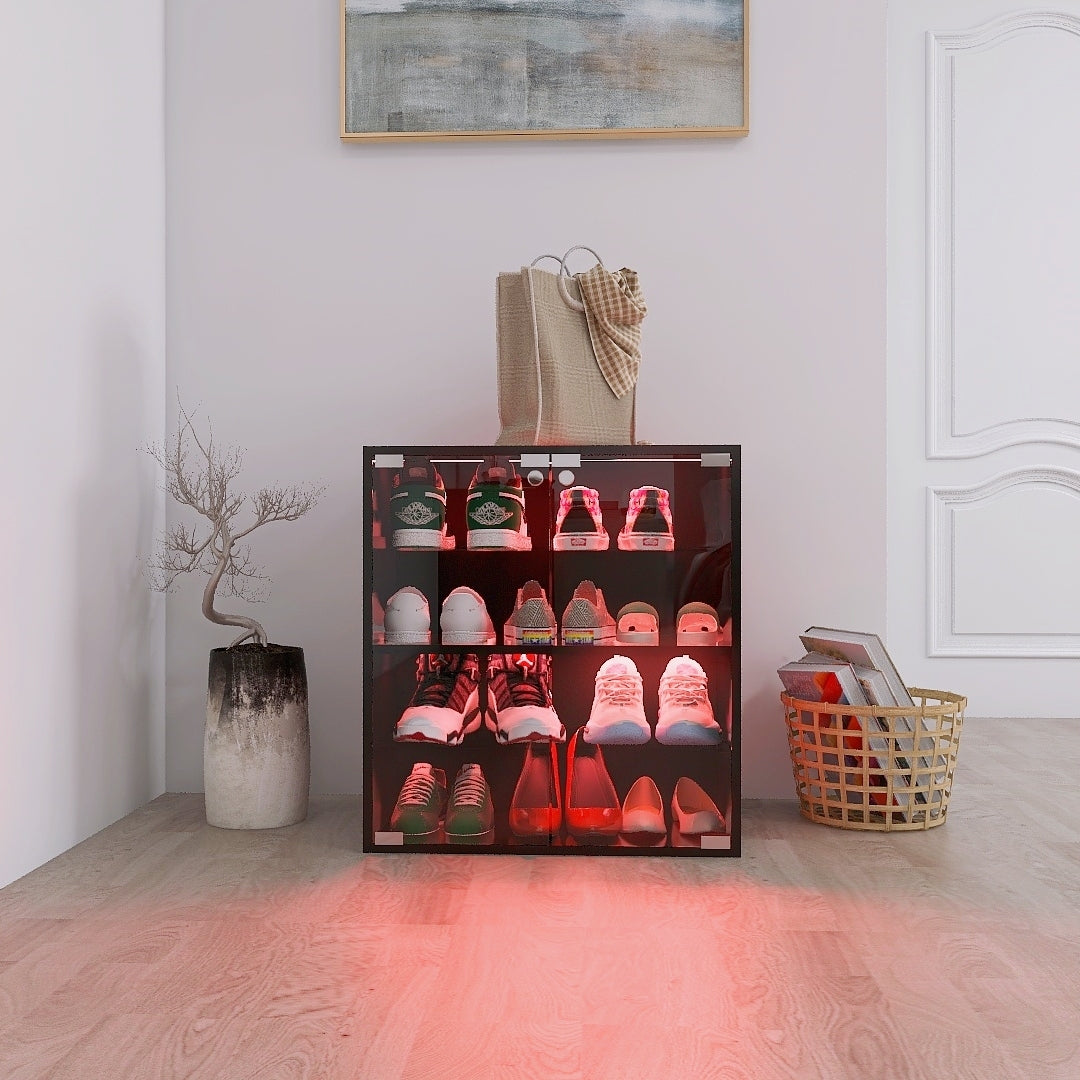 4 Layers Black Shoe Cabinet With Glass Door And Glass Layer Shoes Display Cabinet With Led Light Bluetooth Control Standard 3 4 Spaces Black Primary Living Space Adjustable Shelves Modern Mdf Glass