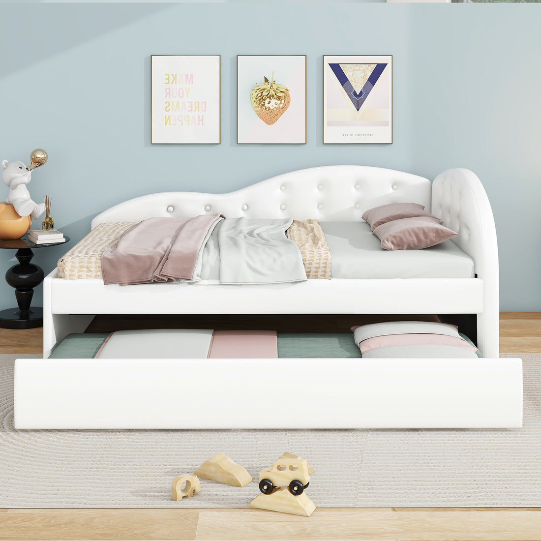 Twin Size Pu Upholstered Tufted Daybed With Trundle And Cloud Shaped Guardrail, White Box Spring Not Required Twin White Wood Faux Leather Upholstered