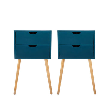 Set Of 2 Nightstand With 2 Drawers, Mid Century Wood Bedside Table For Bedrooms Living Rooms, Sofa Side End Table, Blue Blue Mdf