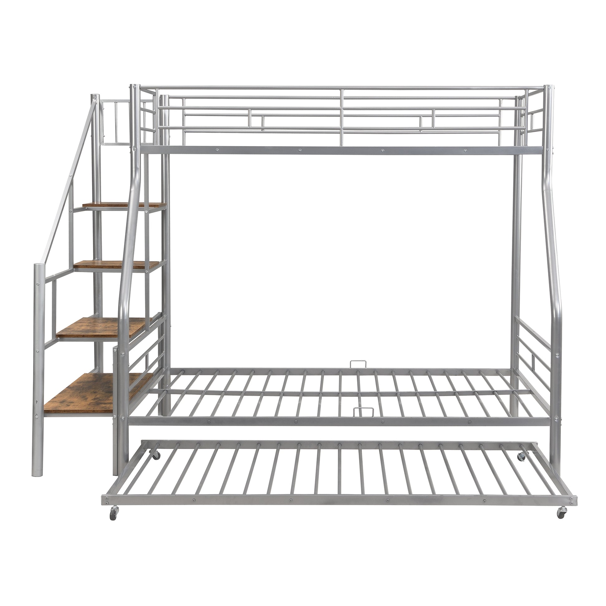 Twin Over Full Size Metal Bunk Bed With Trundle And Storage Staircase, Silver Twin Silver Metal