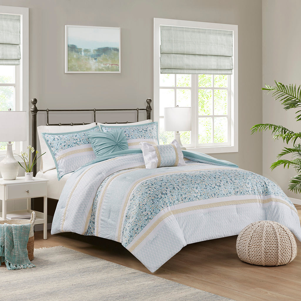 5 Piece Seersucker Comforter Set With Throw Pillows Aqua Polyester