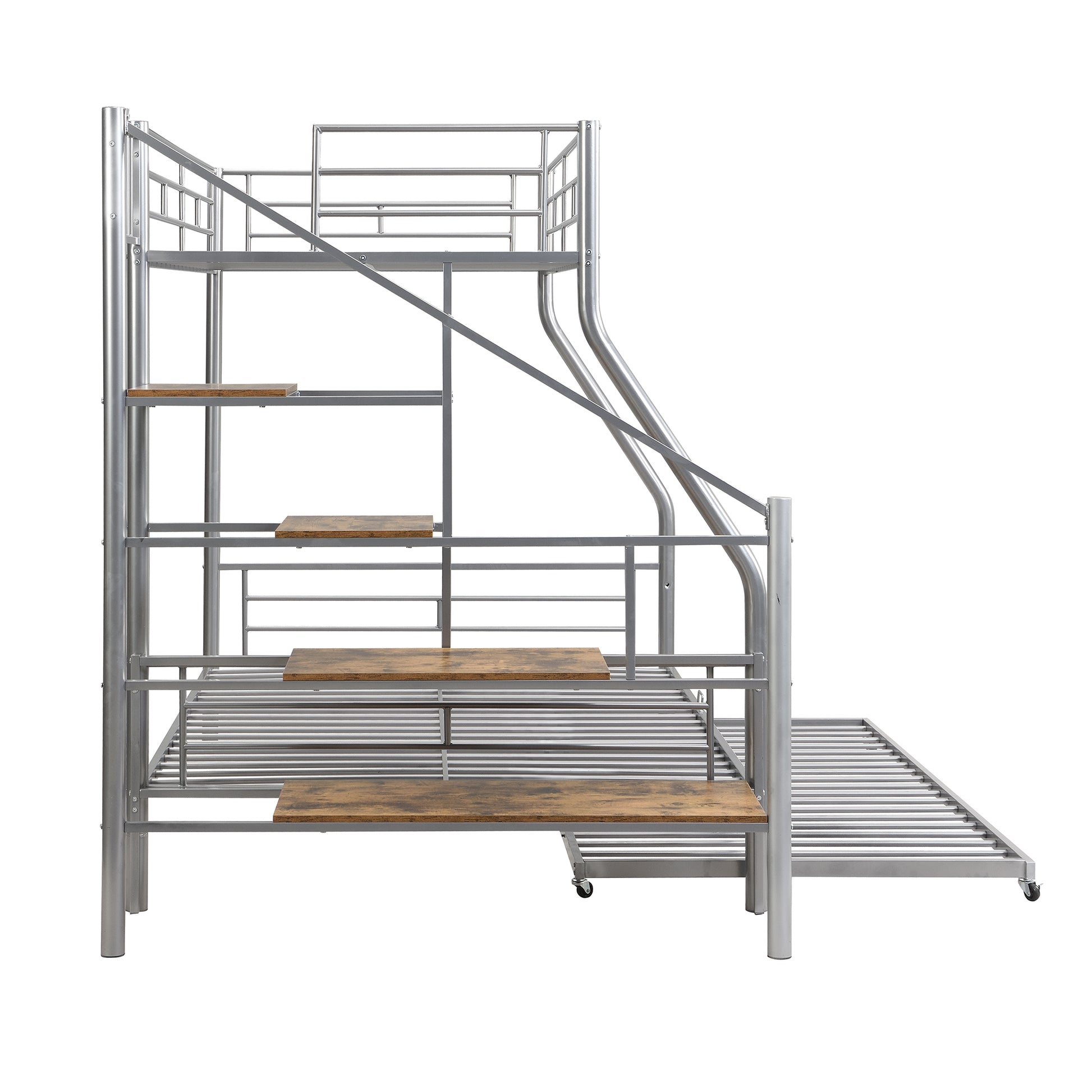 Twin Over Full Size Metal Bunk Bed With Trundle And Storage Staircase, Silver Twin Silver Metal