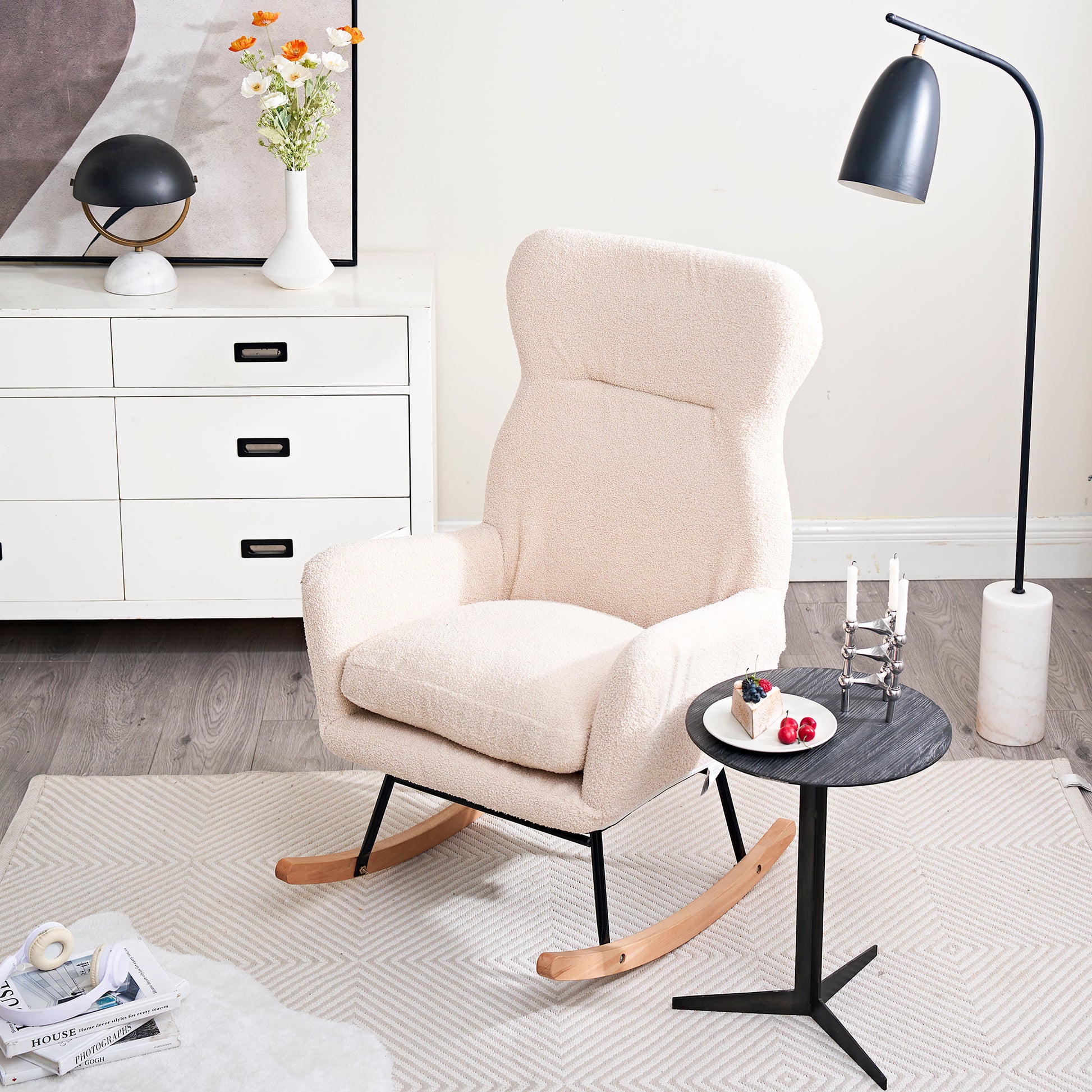 Modern Rocking Chair With High Backrest,Teddy Material Comfort Arm Rocker, Lounge Armchair For Living Room Beige Cotton Metal