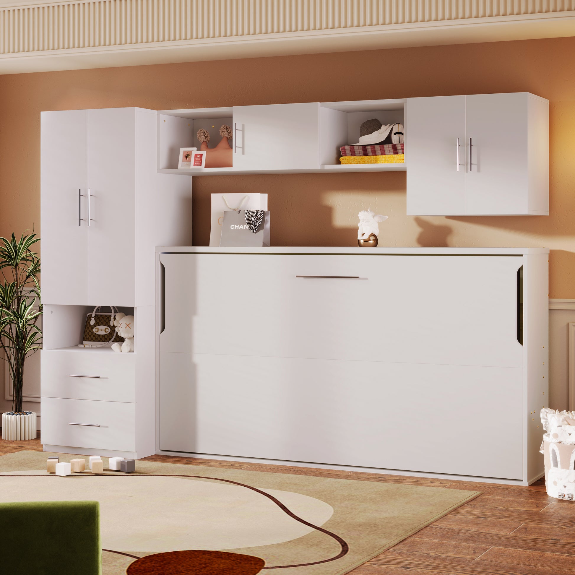 Twin Size Murphy Bed With Open Shelves And Storage Drawers,Built In Wardrobe And Table, White Twin White Solid Wood Mdf