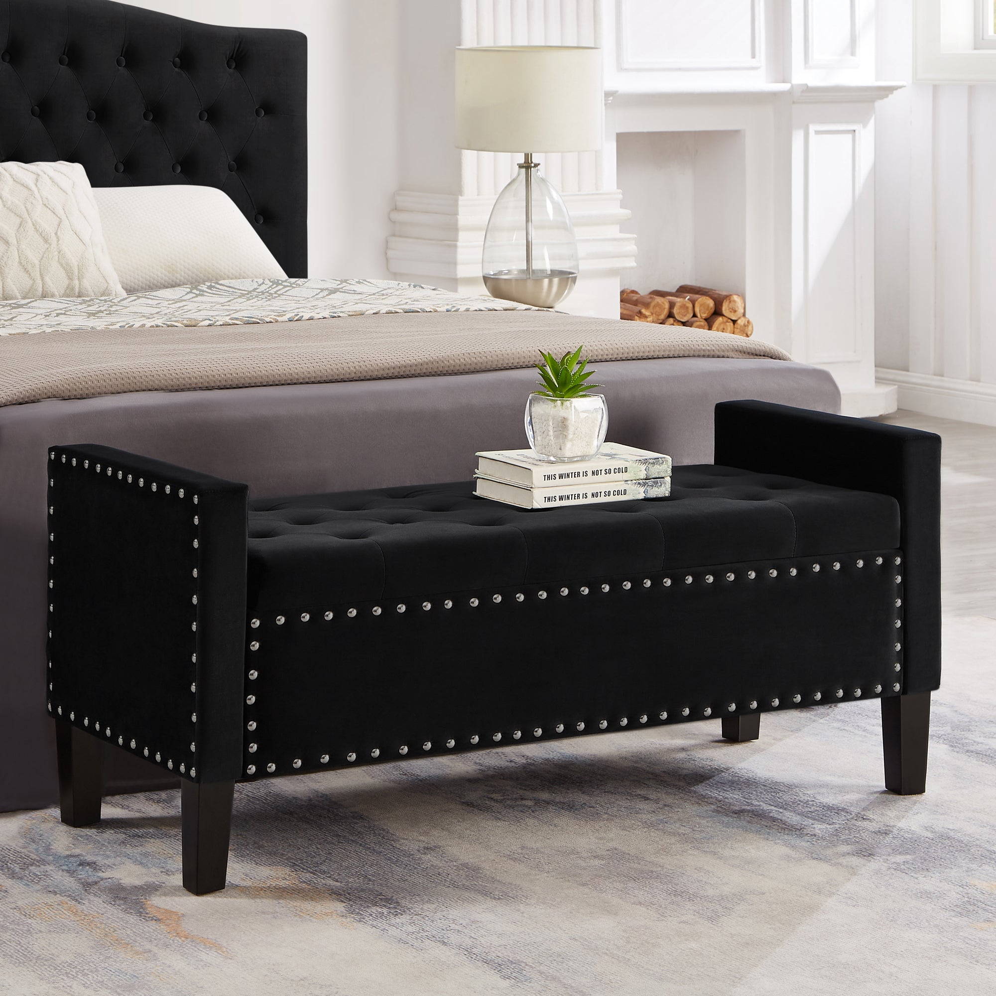 Upholstered Tufted Button Storage Bench With Nails Trim,Entryway Living Room Soft Padded Seat With Armrest,Bed Bench Black Nailheads Black Espresso Velvet Primary Living Space Black American Design Rubberwood Wood Internal Storage Foam Velvet