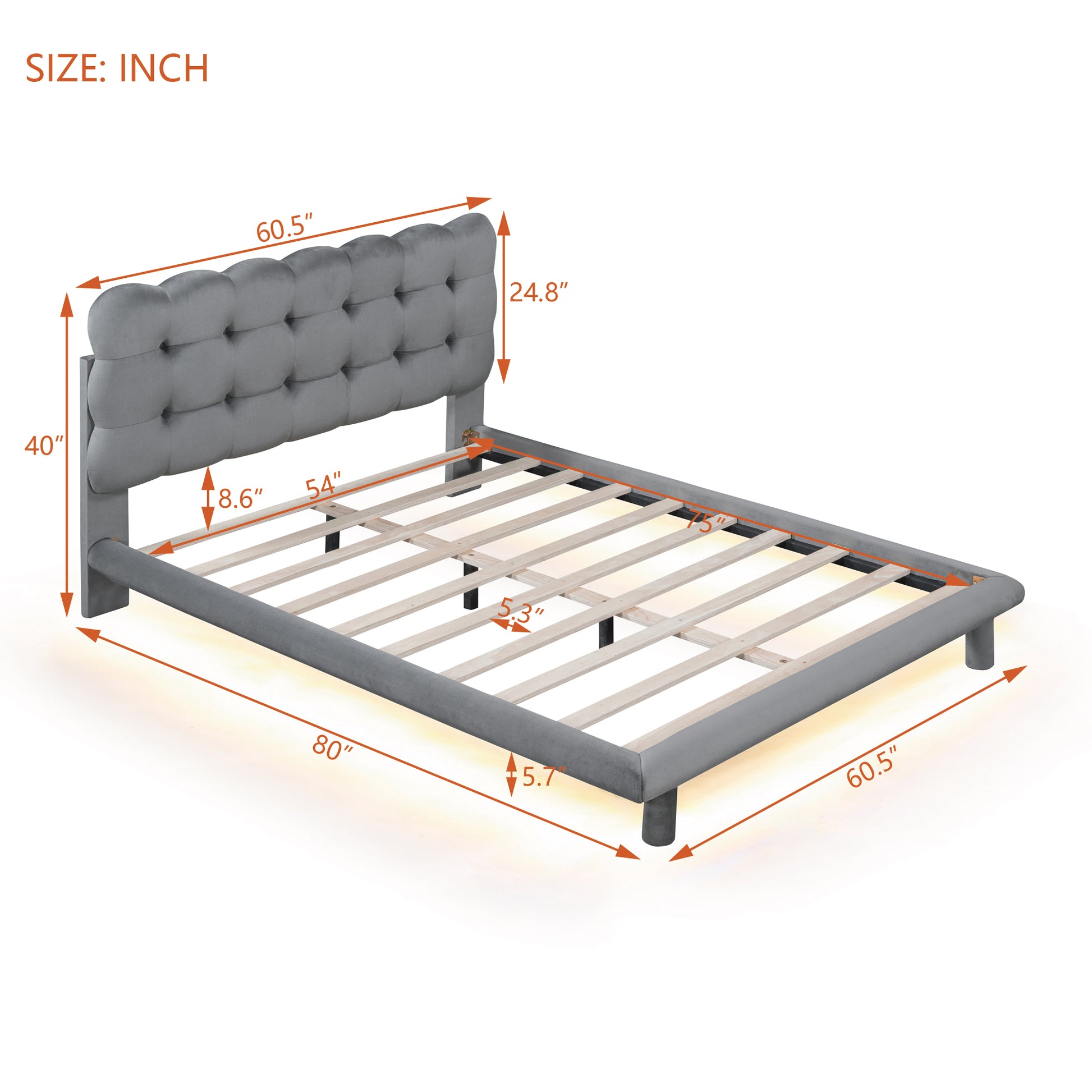 Full Size Velvet Platform Bed With Led Frame, Thick & Soft Fabric And Button Tufted Design Headboard, Gray Gray Velvet