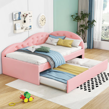 Twin Size Pu Upholstered Tufted Daybed With Trundle And Cloud Shaped Guardrail, Pink Box Spring Not Required Twin Pink Wood Faux Leather Upholstered