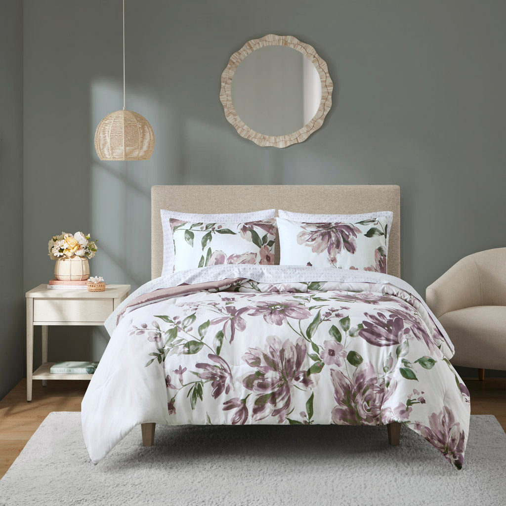 Floral Comforter Set With Bed Sheets Mauve Polyester