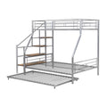 Twin Over Full Size Metal Bunk Bed With Trundle And Storage Staircase, Silver Twin Silver Metal