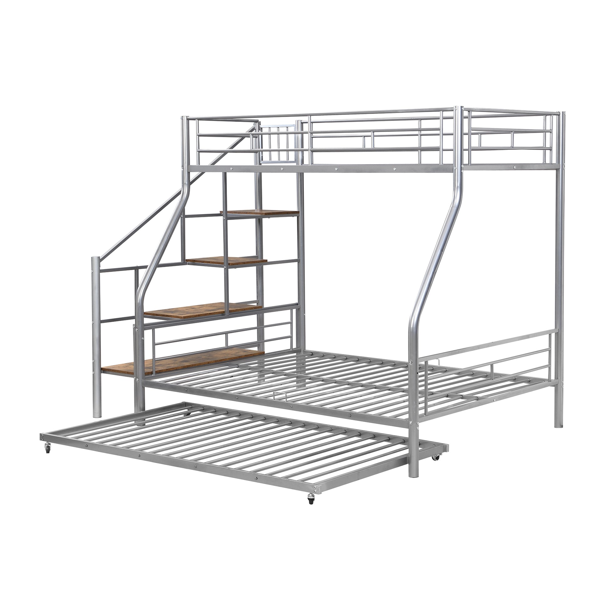 Twin Over Full Size Metal Bunk Bed With Trundle And Storage Staircase, Silver Twin Silver Metal