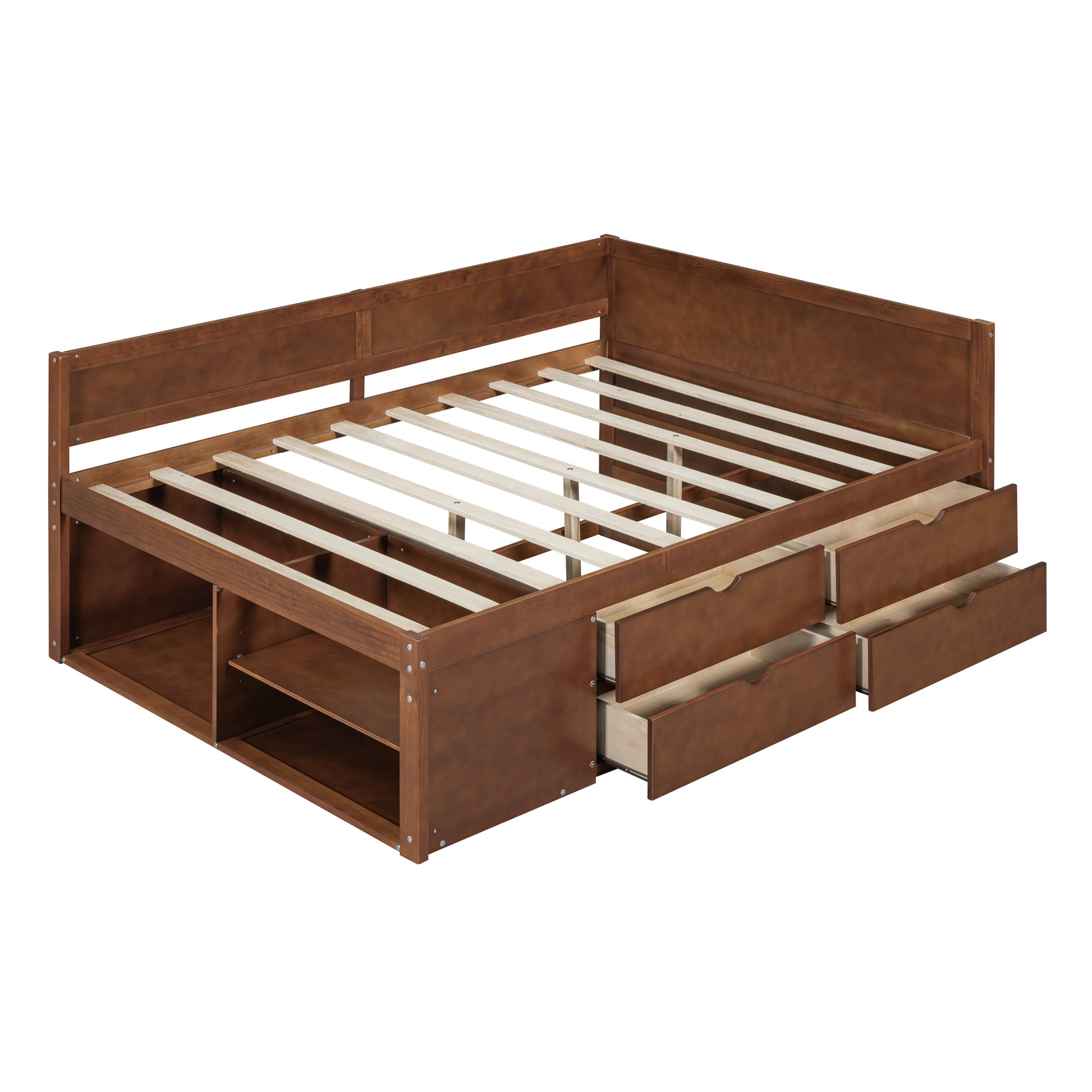 Full Size Daybed With Drawers And Shelves, Walnut Full Walnut Solid Wood